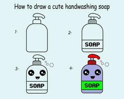 Step by step to draw a Handwashing soap. Drawing tutorial a Handwashing soap. Drawing lesson for children. Vector illustration.