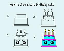 Step by step to draw a Cute Cake. Drawing tutorial a Cute Cake. Drawing lesson for children. Vector illustration