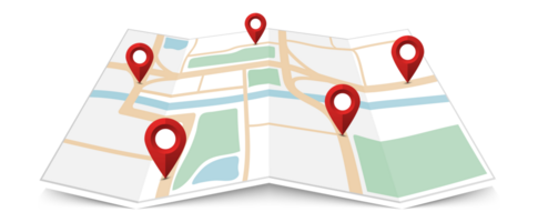 Folded paper city map with red pin pointer png