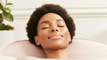 A serene african american woman relaxing with eyes closed.. Generative AI photo