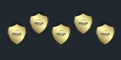 FIVE premium and Golden protection  label button isolated on black background. Realistic vector illustration of Golden badges and labels with laurel wreath collections