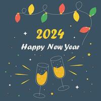 Vector glasses of champagne, Happy New Year 2024, New Year card