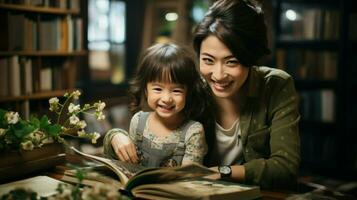 Asian mother and daughter are reading books and having fun moments. Generative AI photo