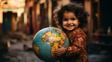 pequeño chico abrazando globo sonrisas a cámara.. generativo ai foto