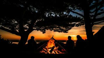 grupo de personas sentado debajo árboles, calentamiento sí mismos por el fuego.. generativo ai foto