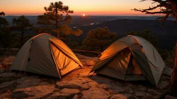 Camping scene with tents placed amidst wilderness during sunset.. Generative AI photo