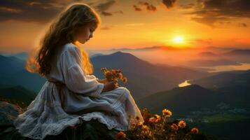 joven niña sentado en medio de flores silvestres, mirando a un puesta de sol desde un montañoso punto de vista.. generativo ai foto