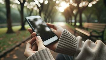 A person holding a smartphone with a blank screen, while sitting in a park.. Generative AI photo