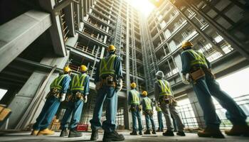 Workers in hard hats and safety vests inspecting a building under construction.. Generative AI photo