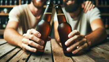 Close-up photo of two friends cheersing with blank beer bottles.. Generative AI