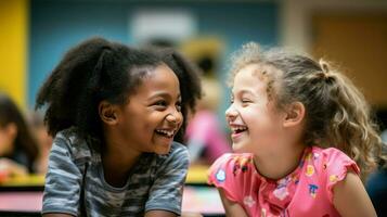 African American and Caucasian little girls having fun in the classroom. Generative AI photo