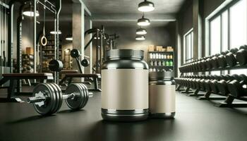 Wide photo of blank modern protein powder jars prominently placed in the foreground, adopting a gym steel and protein beige color scheme.. Generative AI