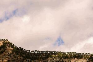 a mountain with trees and clouds in the background photo