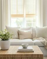 A minimalist photography of a white couch, accentuated by soft pillows and complemented by a simple coffee table.. Generative AI photo