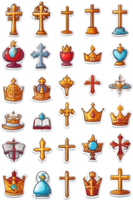 un conjunto de íconos con coronas, coronas, y otro religioso símbolos ai generativo png