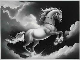 a majestic horse galloping towards the shining sky, black and white illustration photo