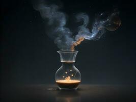 beaker with smoke, dark background illustration photo