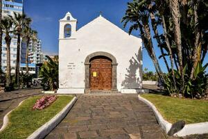 a small white church with palm trees photo