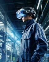 A futuristic digital warehouse manager checks the warehouse with vr glasses. Generative AI photo