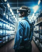 A futuristic digital warehouse manager checks the warehouse with vr glasses. Generative AI photo