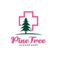 Pine Tree with Health Plus logo design vector. Creative Pine Tree logo concepts template vector