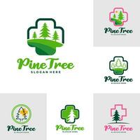 Set of Pine Tree with Health Plus logo design vector. Creative Pine Tree logo concepts template vector