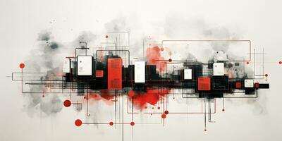 Generative AI, Abstract geometric factory pipeline industry watercolor and ink background with red and grey clouds. photo