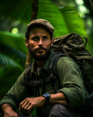 A man in the middle of a deserted and green nature. Generative AI