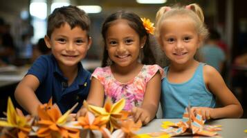 Two multi-ethnic girls and a boy, smiling and enjoying arts and crafts.. Generative AI photo