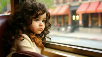 un pequeño niña mirando fuera de un ventana, perdido en pensamiento.. generativo ai foto