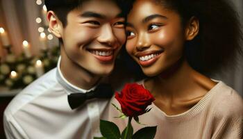 A close-up of a young couple, a man of Asian descent and a woman of African descent, exchanging smiles as they hold a single red rose. Generative AI photo