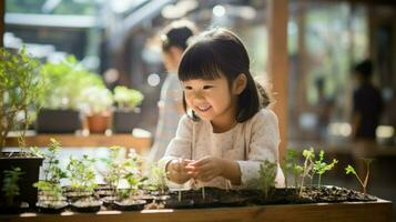 A little asian girl carefully tending to her plants.. Generative AI photo