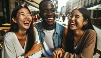 un grupo de amigos sentado a un calle mesa en un cafetería. generativo ai foto