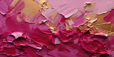 Generative AI, Pink and golden impasto abstract painting, viva magenta color background photo