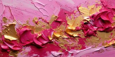 Generative AI, Pink and golden impasto abstract painting, viva magenta color background photo