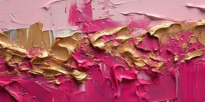Generative AI, Pink and golden impasto abstract painting, viva magenta color background photo