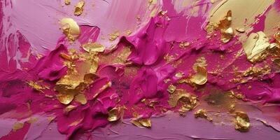 Generative AI, Pink and golden impasto abstract painting, viva magenta color background photo