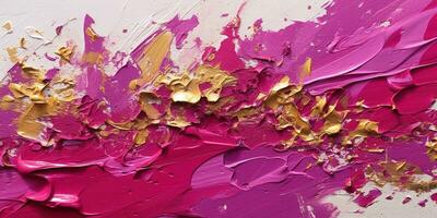 Generative AI, Pink and golden impasto abstract painting, viva magenta color background photo