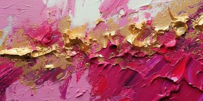 Generative AI, Pink and golden impasto abstract painting, viva magenta color background photo