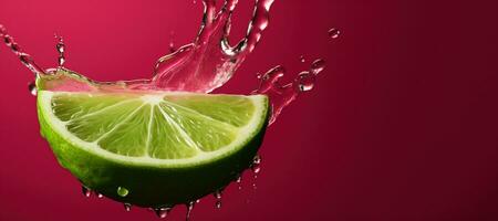 Generative AI, Fresh lime macro, grapefruit slice in water splash, green and pink magenta colors photo