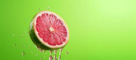 Generative AI, Fresh lime macro, grapefruit slice in water splash, green and pink magenta colors photo