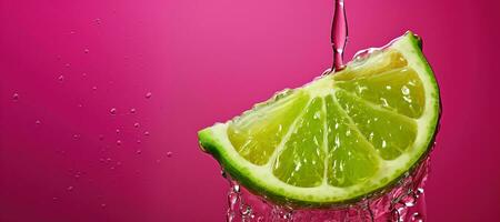 Generative AI, Fresh lime macro, grapefruit slice in water splash, green and pink magenta colors photo