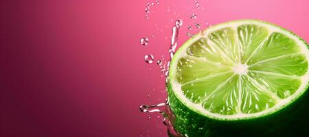 Generative AI, Fresh lime macro, grapefruit slice in water splash, green and pink magenta colors photo