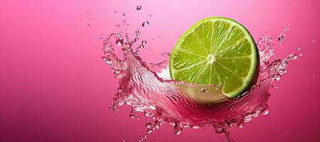 Generative AI, Fresh lime macro, grapefruit slice in water splash, green and pink magenta colors photo