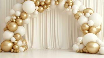 Generative AI, arch of white and golden balloons. Mock up for wedding, Christmas or other holiday 3d background photo