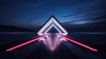 Generative AI, minimalist island paradise with geometric neon light bridge, futuristic landscape photo