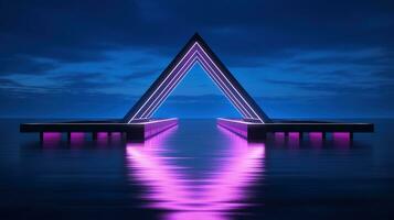 Generative AI, minimalist island paradise with geometric neon light bridge, futuristic landscape photo