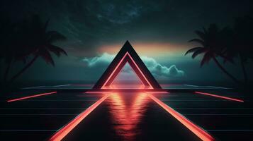 Generative AI, minimalist island paradise with geometric neon light bridge, futuristic landscape photo