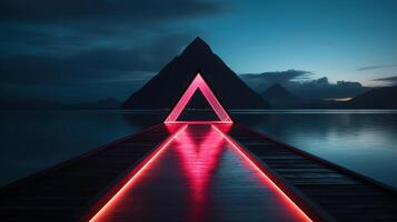 Generative AI, minimalist island paradise with geometric neon light bridge, futuristic landscape photo