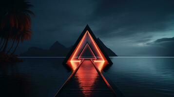 Generative AI, minimalist island paradise with geometric neon light bridge, futuristic landscape photo